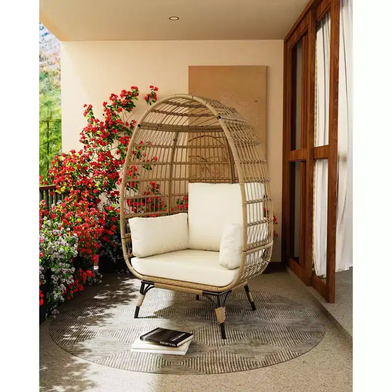 Fauteuil œuf en osier surdimensionné d'extérieur avec cadre en acier, fauteuil de jardin en forme d'œuf avec 4 coussins, fauteuil œuf pour terrasse, véranda, jardin