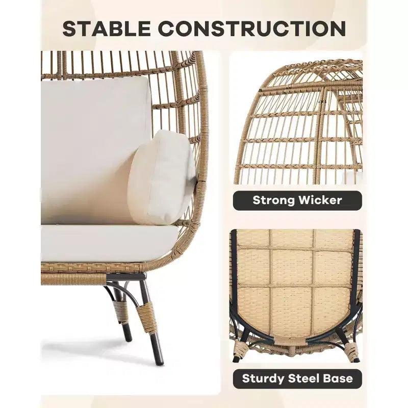 Fauteuil œuf en osier surdimensionné d'extérieur avec cadre en acier, fauteuil de jardin en forme d'œuf avec 4 coussins, fauteuil œuf pour terrasse, véranda, jardin