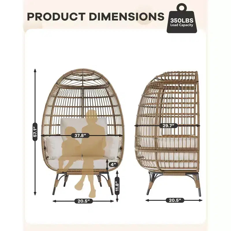 Fauteuil œuf en osier surdimensionné d'extérieur avec cadre en acier, fauteuil de jardin en forme d'œuf avec 4 coussins, fauteuil œuf pour terrasse, véranda, jardin