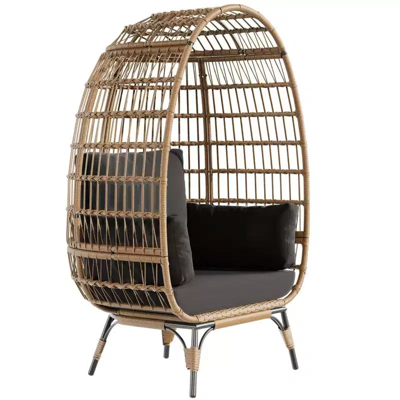 Fauteuil œuf en osier surdimensionné d'extérieur avec cadre en acier, fauteuil de jardin en forme d'œuf avec 4 coussins, fauteuil œuf pour terrasse, véranda, jardin