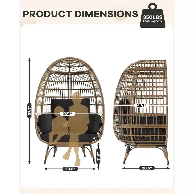 Fauteuil œuf en osier surdimensionné d'extérieur avec cadre en acier, fauteuil de jardin en forme d'œuf avec 4 coussins, fauteuil œuf pour terrasse, véranda, jardin