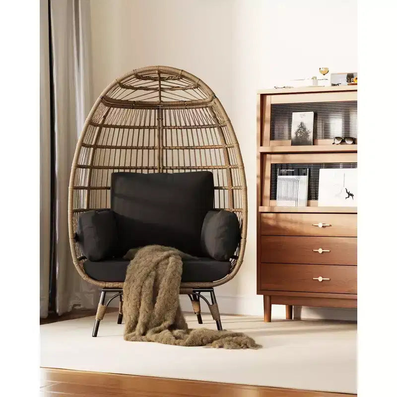 Fauteuil œuf en osier surdimensionné d'extérieur avec cadre en acier, fauteuil de jardin en forme d'œuf avec 4 coussins, fauteuil œuf pour terrasse, véranda, jardin