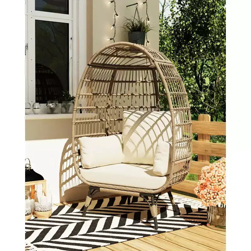 Oversize Wicker Egg Chair Outdoor with Steel Frame, Egg Basket Lounge Chair with 4 Cushions, Egg-Shaped Chair for Patio, Porch, Backyard