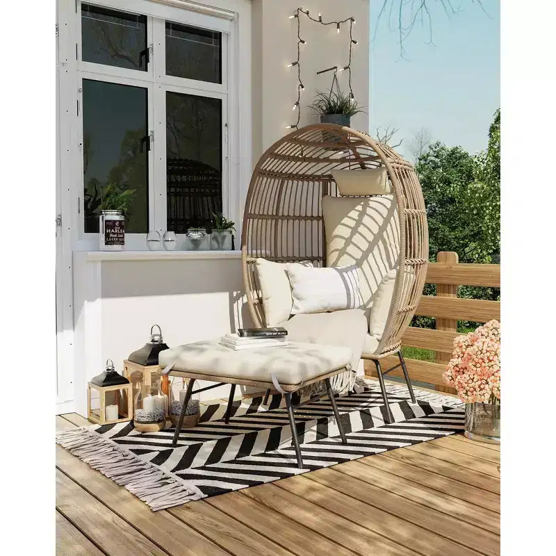 Grand fauteuil œuf en osier avec ottoman, fauteuil œuf en forme de panier avec coussin épais, siège œuf confortable en rotin pour patio intérieur/extérieur/véranda