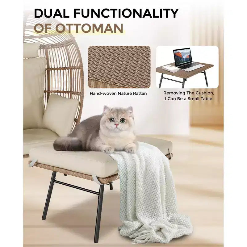 Grand fauteuil œuf en osier avec ottoman, fauteuil œuf en forme de panier avec coussin épais, siège œuf confortable en rotin pour patio intérieur/extérieur/véranda