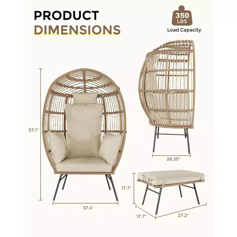 Grand fauteuil œuf en osier avec ottoman, fauteuil œuf en forme de panier avec coussin épais, siège œuf confortable en rotin pour patio intérieur/extérieur/véranda