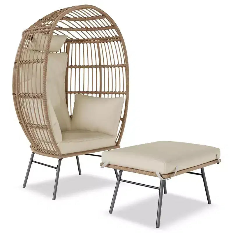 Grand fauteuil œuf en osier avec ottoman, fauteuil œuf en forme de panier avec coussin épais, siège œuf confortable en rotin pour patio intérieur/extérieur/véranda