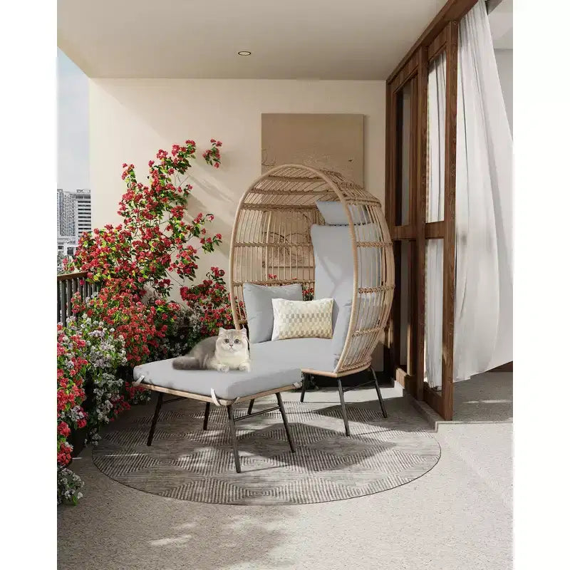 Grand fauteuil œuf en osier avec ottoman, fauteuil œuf en forme de panier avec coussin épais, siège œuf confortable en rotin pour patio intérieur/extérieur/véranda