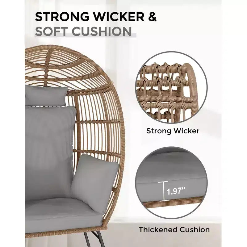 Grand fauteuil œuf en osier avec ottoman, fauteuil œuf en forme de panier avec coussin épais, siège œuf confortable en rotin pour patio intérieur/extérieur/véranda