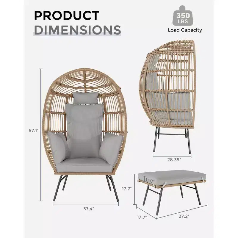 Grand fauteuil œuf en osier avec ottoman, fauteuil œuf en forme de panier avec coussin épais, siège œuf confortable en rotin pour patio intérieur/extérieur/véranda