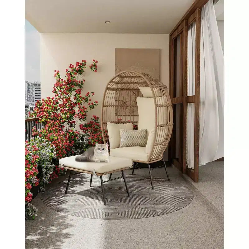 Oversize Wicker Egg Chair with Ottoman, Egg Basket Lounge Chair with Thick Cushion, Comfy Egg Rattan Seat for Indoor Outdoor Patio Porch