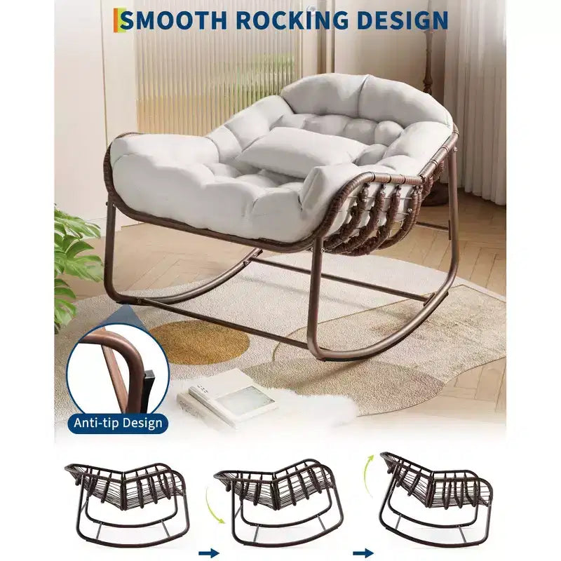 Fauteuil à bascule Papasan d'extérieur, chaise longue en osier surdimensionnée avec coussin et cadre en métal, fauteuil à bascule œuf en rotin pour patio
