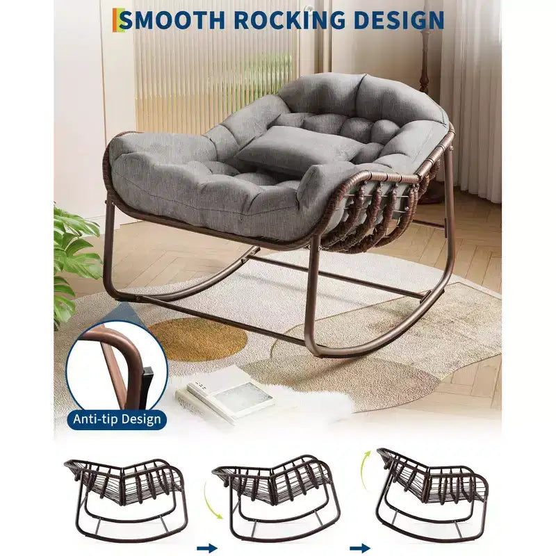 Fauteuil à bascule Papasan d'extérieur, chaise longue en osier surdimensionnée avec coussin et cadre en métal, fauteuil à bascule œuf en rotin pour patio