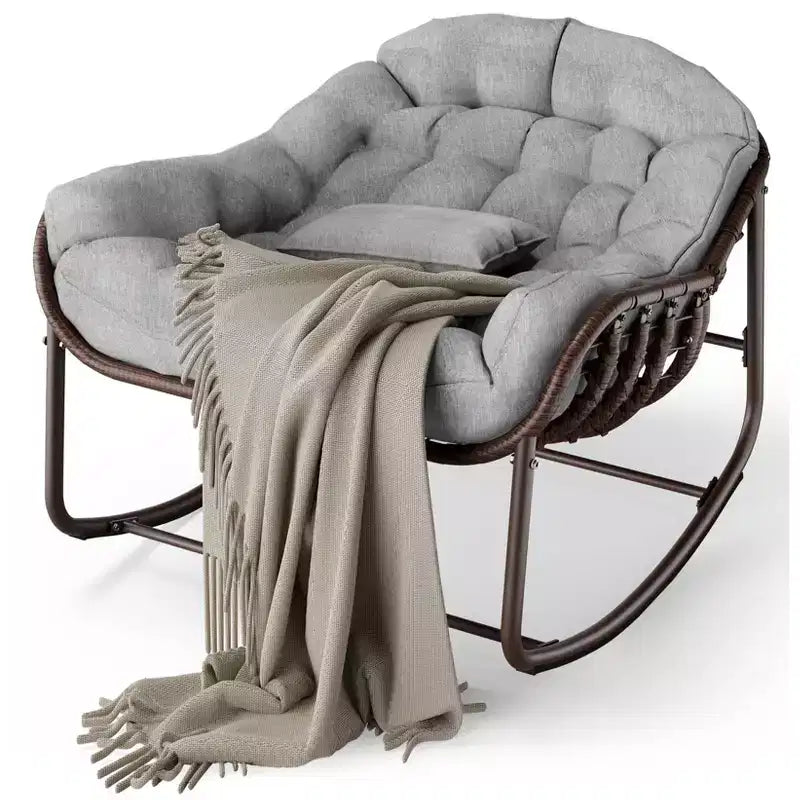 Fauteuil à bascule Papasan d'extérieur, chaise longue en osier surdimensionnée avec coussin et cadre en métal, fauteuil à bascule œuf en rotin pour patio