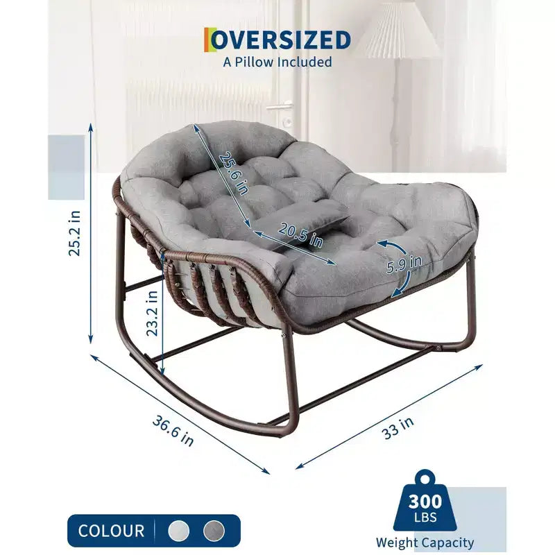 Fauteuil à bascule Papasan d'extérieur, chaise longue en osier surdimensionnée avec coussin et cadre en métal, fauteuil à bascule œuf en rotin pour patio