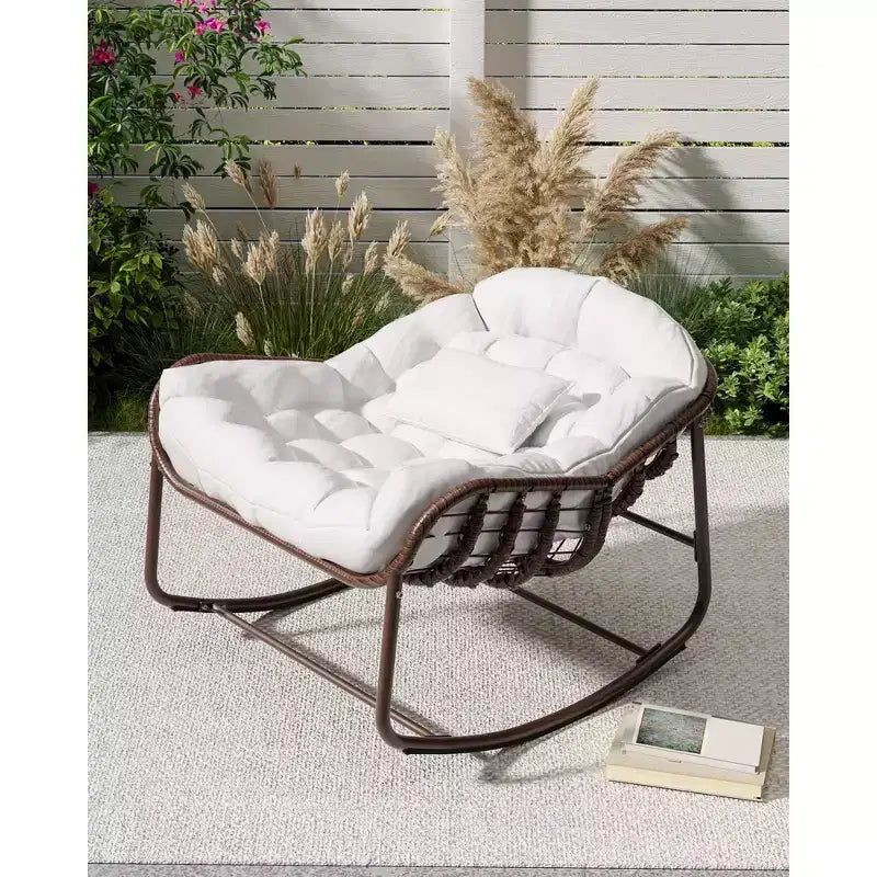 Fauteuil à bascule Papasan d'extérieur, chaise longue en osier surdimensionnée avec coussin et cadre en métal, fauteuil à bascule œuf en rotin pour patio