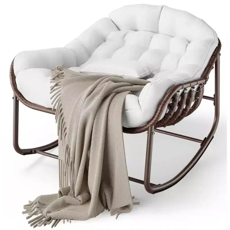 Fauteuil à bascule Papasan d'extérieur, chaise longue en osier surdimensionnée avec coussin et cadre en métal, fauteuil à bascule œuf en rotin pour patio