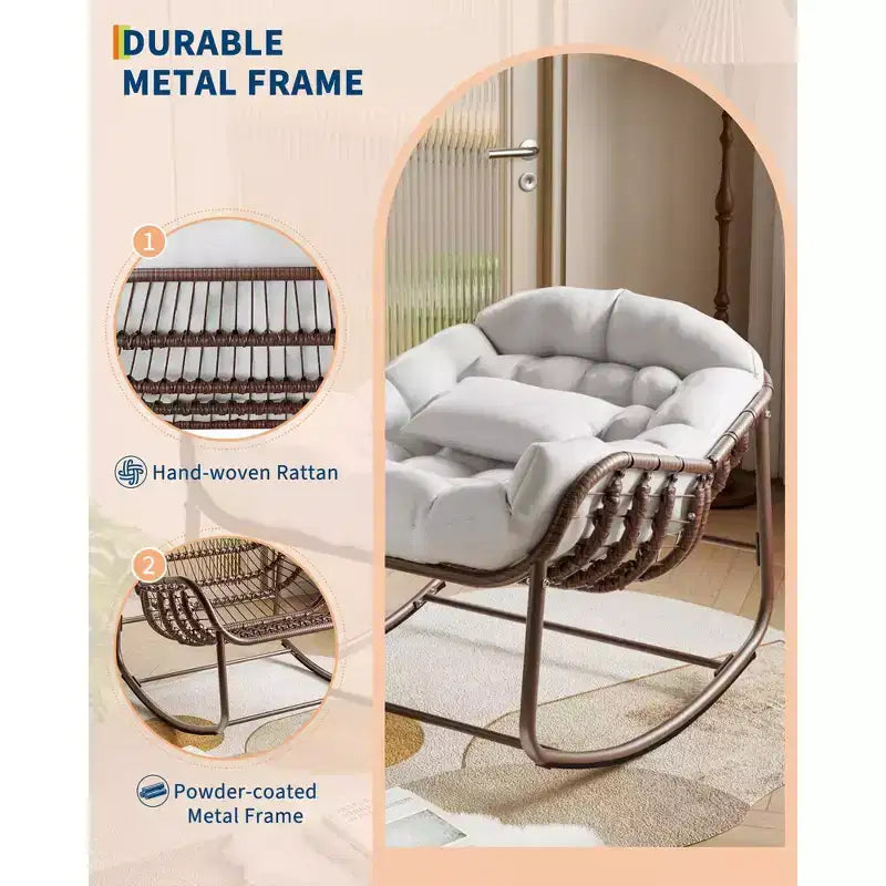 Fauteuil à bascule Papasan d'extérieur, chaise longue en osier surdimensionnée avec coussin et cadre en métal, fauteuil à bascule œuf en rotin pour patio