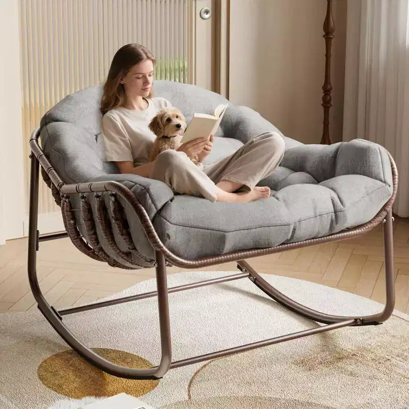 Outdoor Papasan Rocking Chair, Oversized Wicker Lounge Chair with Cushion and Metal Frame, Patio Rattan Egg Rocker