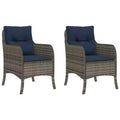 vidaXL 2 pcs Gray Poly Rattan Patio Chairs - Navy Blue Cushions, Weather-Resistant, Garden/Outdoor Seating, Washable Covers, 23x26.4x33.9