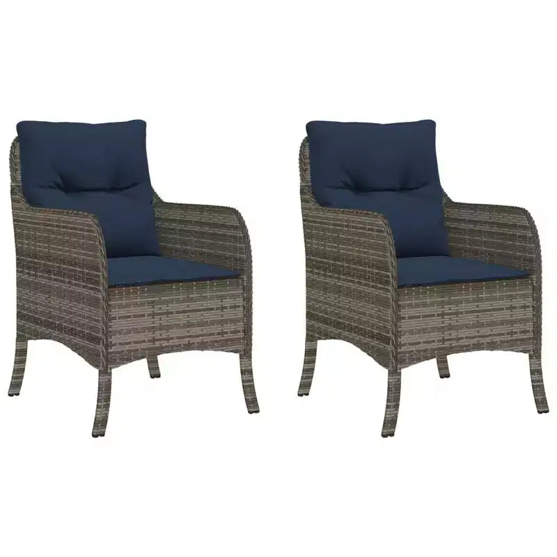 vidaXL 2 pcs Gray Poly Rattan Patio Chairs - Navy Blue Cushions, Weather-Resistant, Garden/Outdoor Seating, Washable Covers, 23x26.4x33.9