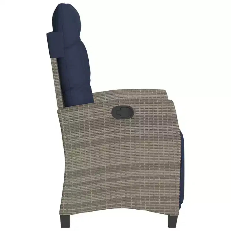 vidaXL Chaise longue de jardin inclinable avec repose-pieds - Rotin synthétique gris et coussin bleu marine, Résistant aux intempéries, Dossier réglable pour extérieur/jardin/terrasse