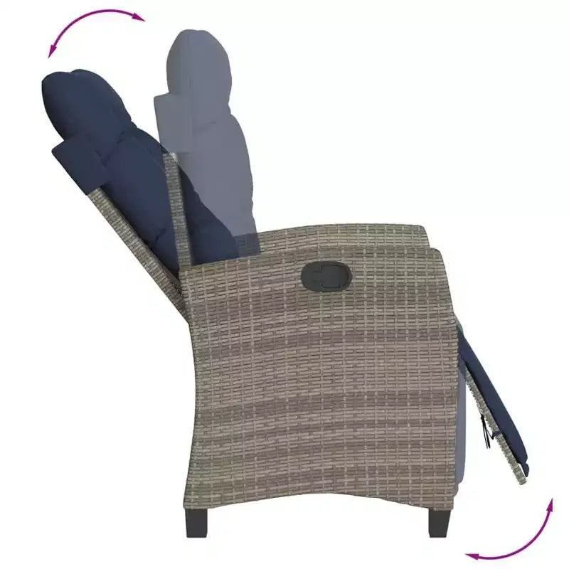 vidaXL Chaise longue de jardin inclinable avec repose-pieds - Rotin synthétique gris et coussin bleu marine, Résistant aux intempéries, Dossier réglable pour extérieur/jardin/terrasse
