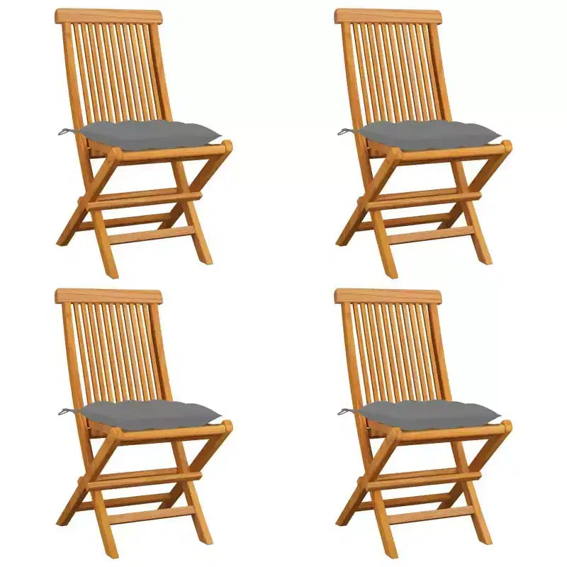 vidaXL Chaises de Patio Élégantes avec Coussins Confortables 4 pcs - Construction en Bois de Teck Massif, Coussins Gris, Légères, Pliables, Facile d'Entretien