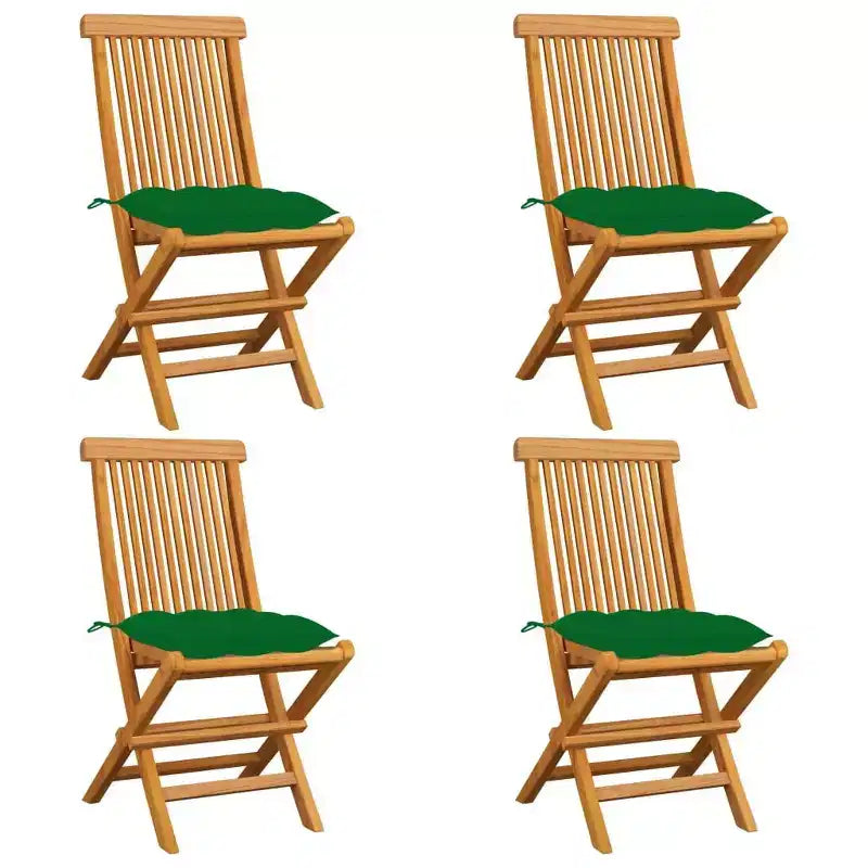 vidaXL Lot de 4 chaises de jardin en teck avec coussins verts, résistantes aux intempéries, légères, pliables et faciles à nettoyer. Parfait pour l'extérieur.