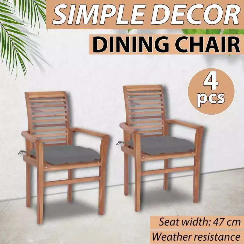 vidaXL Chaises de salle à manger en bois de teck massif - Lot de 4 avec coussins gris, design confortable, idéales pour la terrasse, le jardin ou la salle à manger, empilables pour le rangement