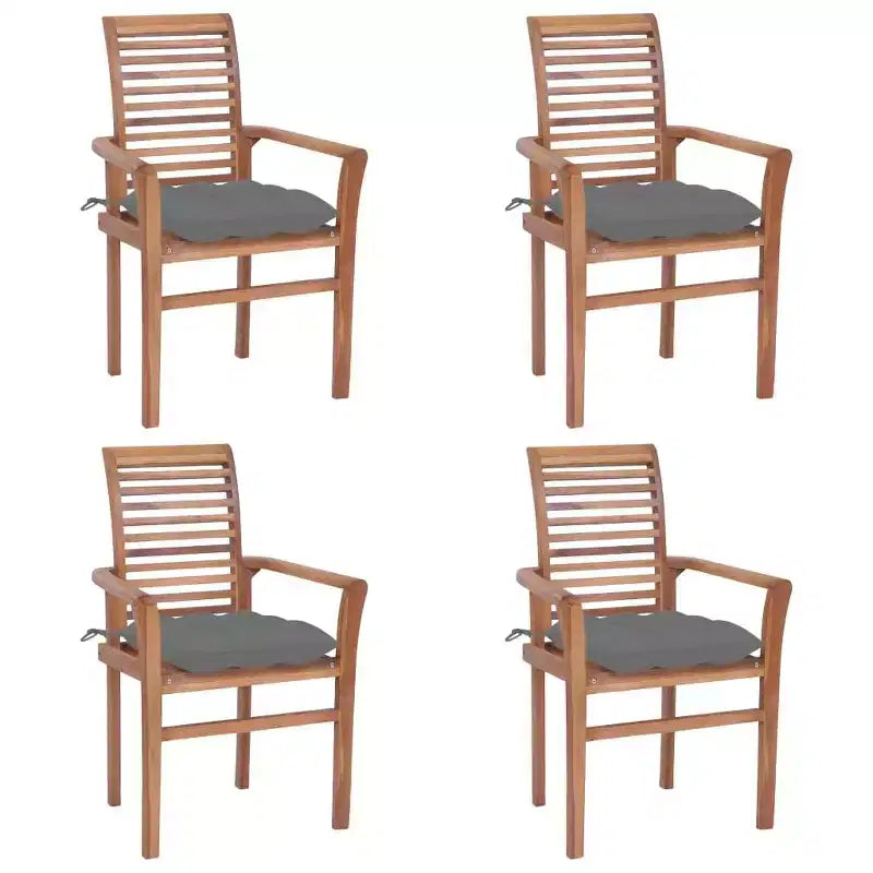 vidaXL Chaises de salle à manger en bois de teck massif - Lot de 4 avec coussins gris, design confortable, idéales pour la terrasse, le jardin ou la salle à manger, empilables pour le rangement