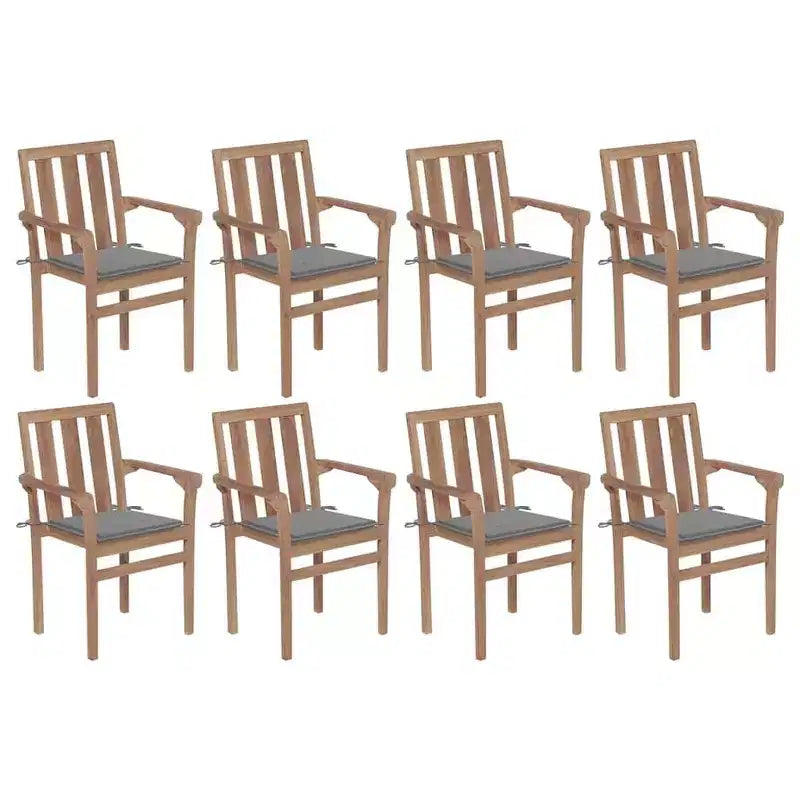 vidaXL Lot de 8 Chaises de Jardin Empilables en Bois de Teck avec Coussins Gris - Sièges d'Extérieur Durables