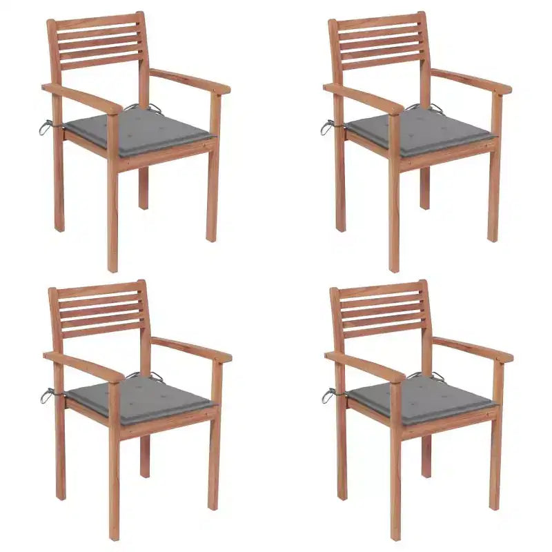 vidaXL Chaises de patio d'extérieur, lot de 4, coussins gris inclus, en bois de teck massif durable, conception empilable, polyvalentes pour la maison ou le café