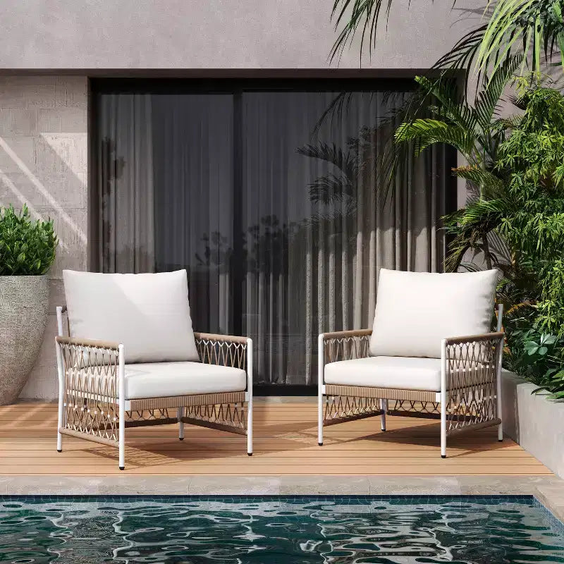 Christopher Knight Home Miles Bohemian Patio Lounge Chair with Handwoven Rope and Cushions (Set of 2)