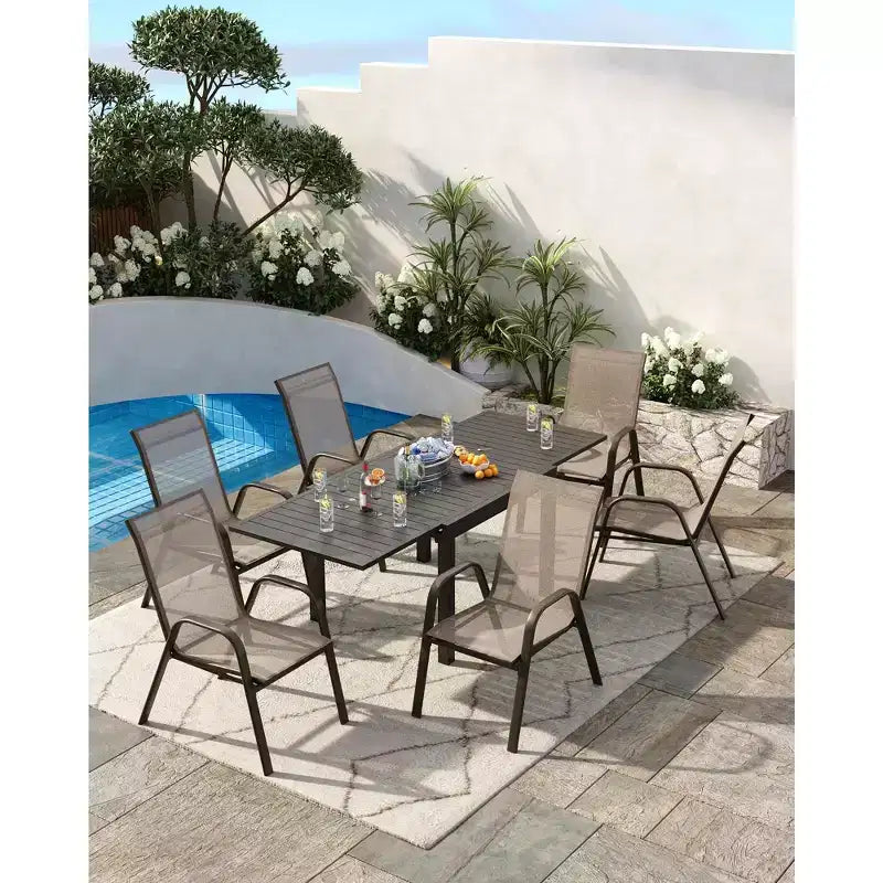 Ensemble de 4 chaises de salle à manger empilables, Chaises de salle à manger de patio à dossier haut, Chaises d'extérieur en tissu Textilène et cadre en métal pour pelouse, jardin et terrasse