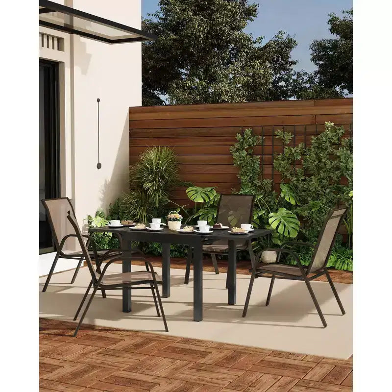 Ensemble de 4 chaises de salle à manger empilables, Chaises de salle à manger de patio à dossier haut, Chaises d'extérieur en tissu Textilène et cadre en métal pour pelouse, jardin et terrasse