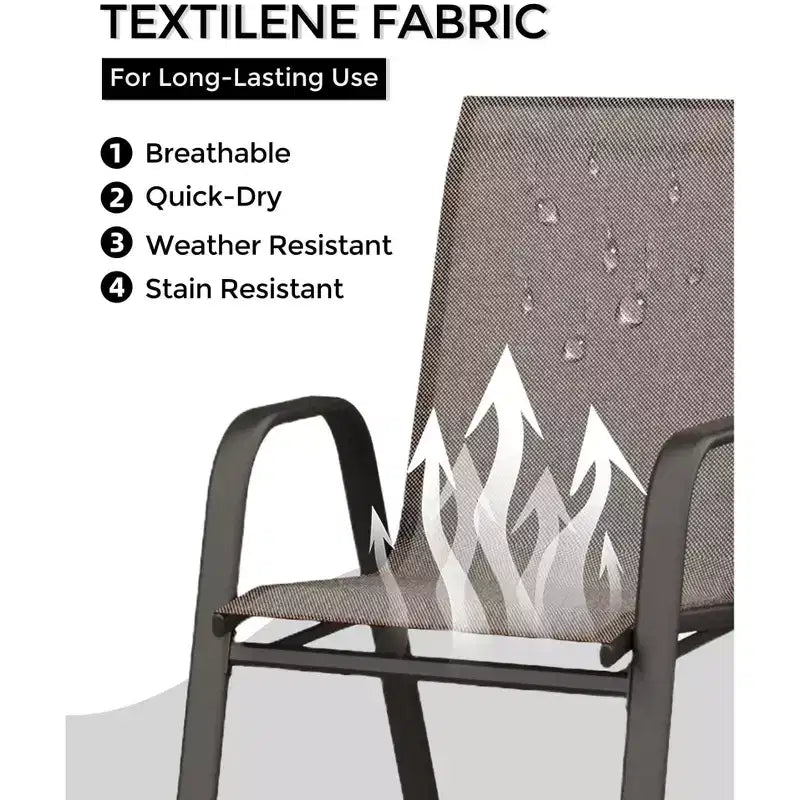Ensemble de 4 chaises de salle à manger empilables, Chaises de salle à manger de patio à dossier haut, Chaises d'extérieur en tissu Textilène et cadre en métal pour pelouse, jardin et terrasse