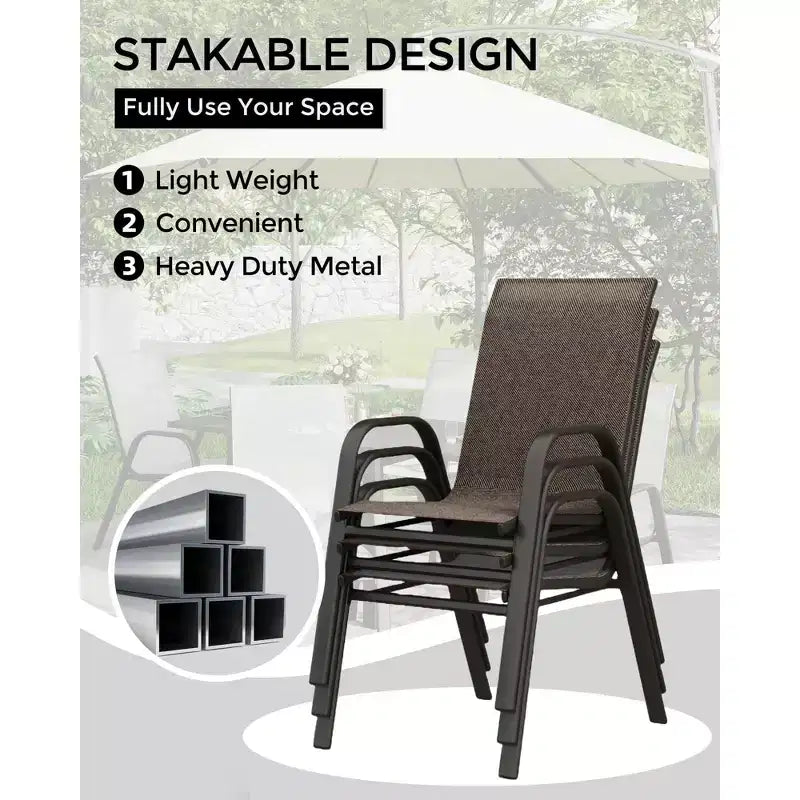 Ensemble de 4 chaises de salle à manger empilables, Chaises de salle à manger de patio à dossier haut, Chaises d'extérieur en tissu Textilène et cadre en métal pour pelouse, jardin et terrasse