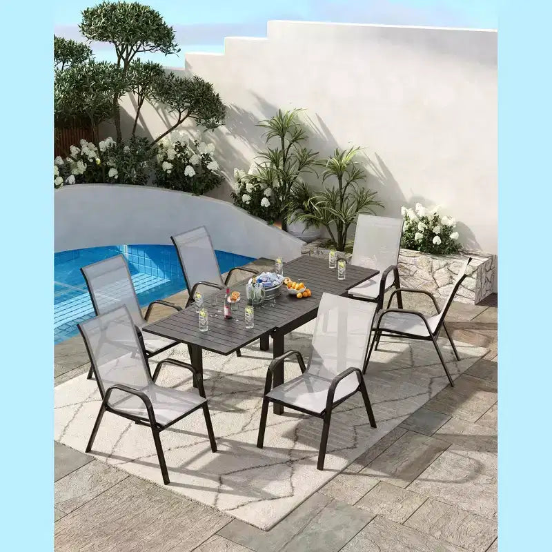 Ensemble de 4 chaises de salle à manger empilables, Chaises de salle à manger de patio à dossier haut, Chaises d'extérieur en tissu Textilène et cadre en métal pour pelouse, jardin et terrasse