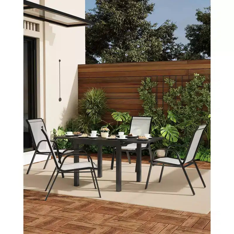 Ensemble de 4 chaises de salle à manger empilables, Chaises de salle à manger de patio à dossier haut, Chaises d'extérieur en tissu Textilène et cadre en métal pour pelouse, jardin et terrasse