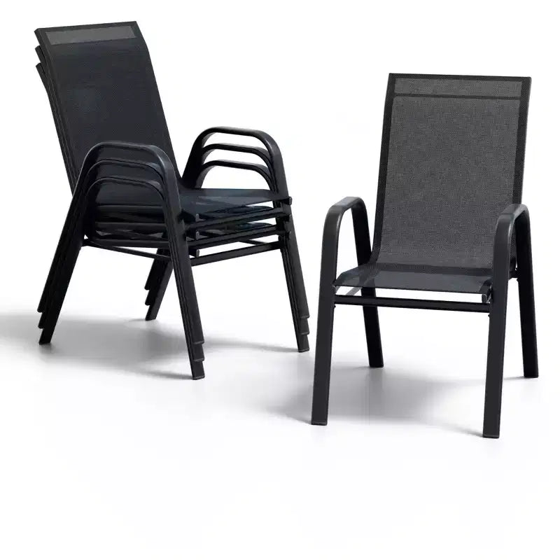 Ensemble de 4 chaises de salle à manger empilables, Chaises de salle à manger de patio à dossier haut, Chaises d'extérieur en tissu Textilène et cadre en métal pour pelouse, jardin et terrasse