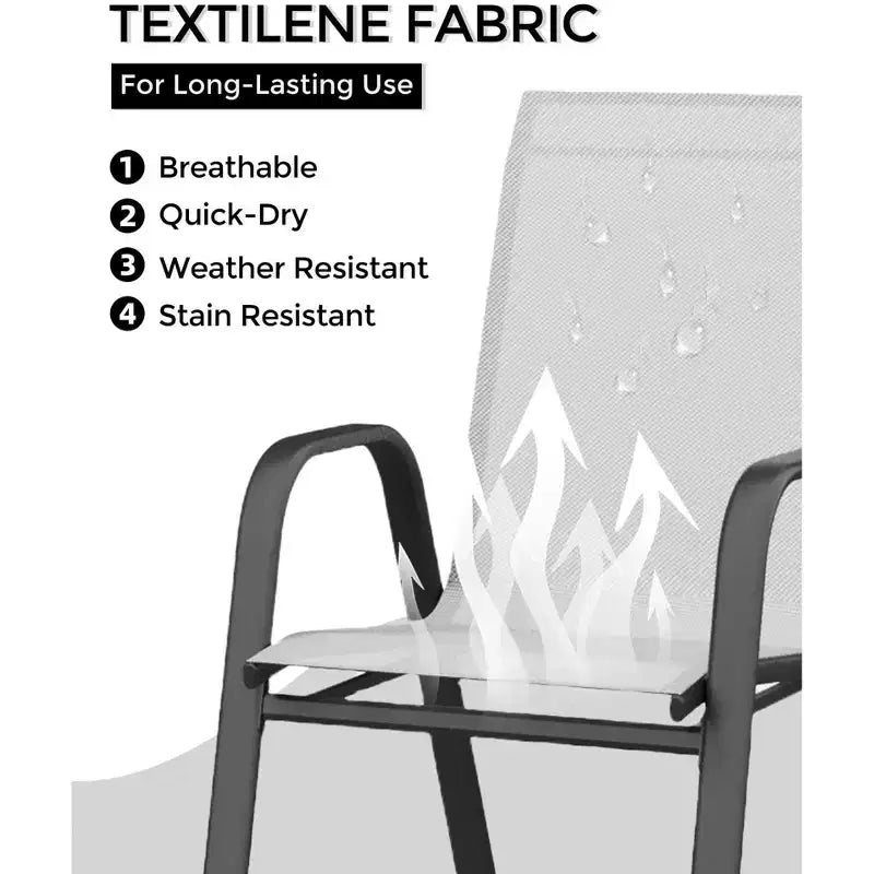 Ensemble de 4 chaises de salle à manger empilables, Chaises de salle à manger de patio à dossier haut, Chaises d'extérieur en tissu Textilène et cadre en métal pour pelouse, jardin et terrasse