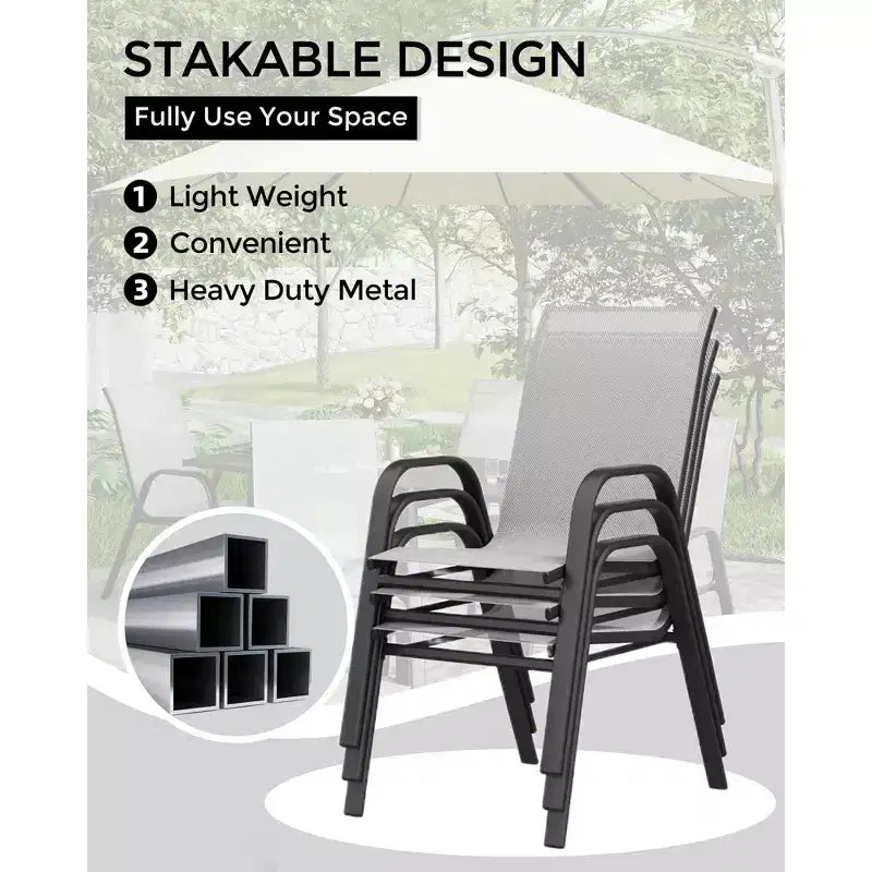 Ensemble de 4 chaises de salle à manger empilables, Chaises de salle à manger de patio à dossier haut, Chaises d'extérieur en tissu Textilène et cadre en métal pour pelouse, jardin et terrasse