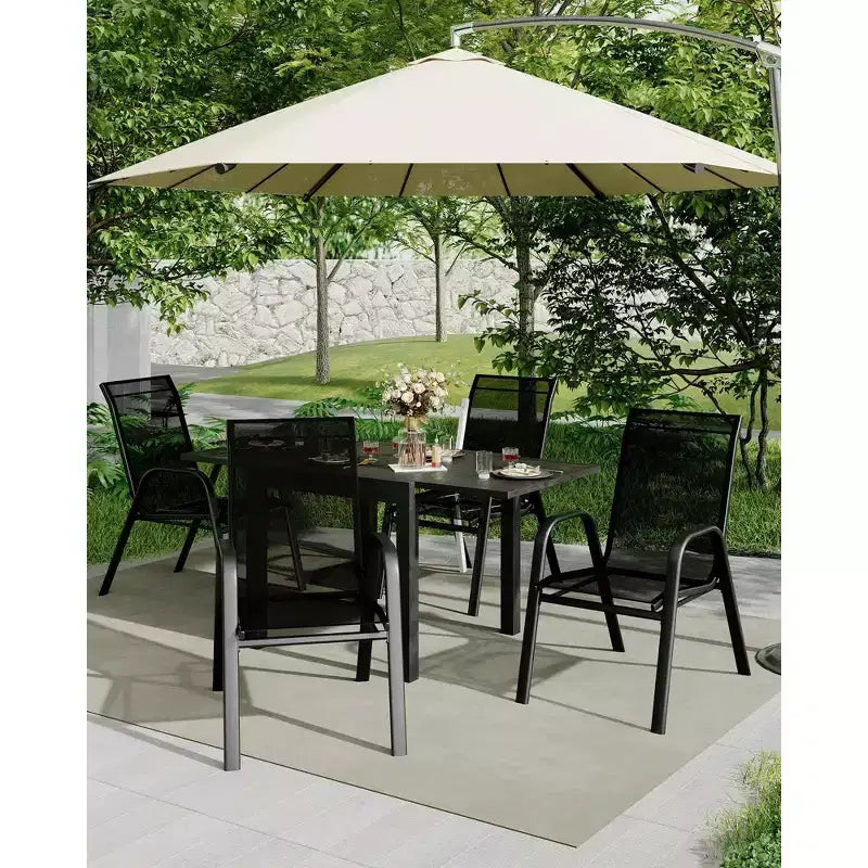 Ensemble de 4 chaises de salle à manger empilables, Chaises de salle à manger de patio à dossier haut, Chaises d'extérieur en tissu Textilène et cadre en métal pour pelouse, jardin et terrasse