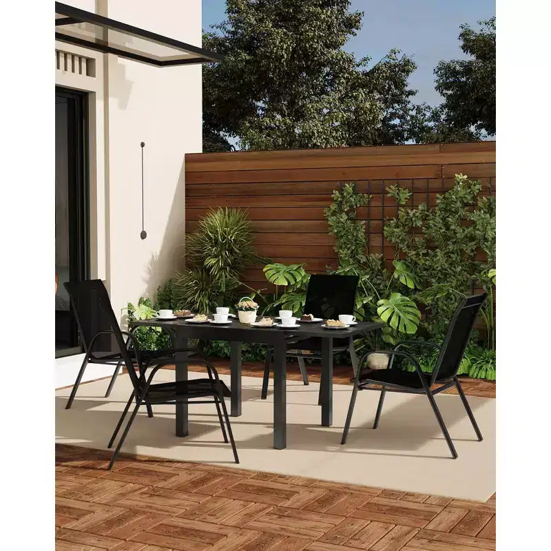 Ensemble de 4 chaises de salle à manger empilables, Chaises de salle à manger de patio à dossier haut, Chaises d'extérieur en tissu Textilène et cadre en métal pour pelouse, jardin et terrasse