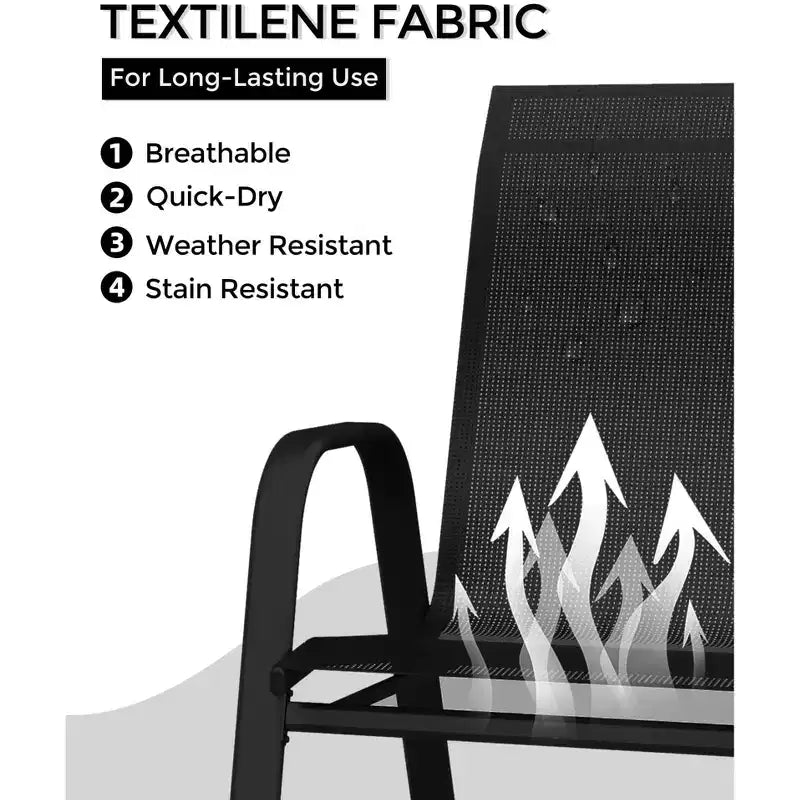 Ensemble de 4 chaises de salle à manger empilables, Chaises de salle à manger de patio à dossier haut, Chaises d'extérieur en tissu Textilène et cadre en métal pour pelouse, jardin et terrasse