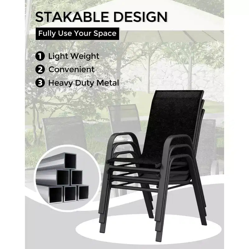 Ensemble de 4 chaises de salle à manger empilables, Chaises de salle à manger de patio à dossier haut, Chaises d'extérieur en tissu Textilène et cadre en métal pour pelouse, jardin et terrasse