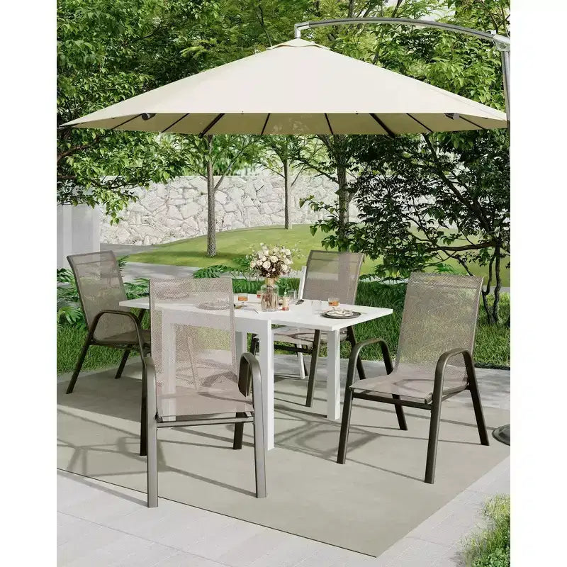 Ensemble de 4 chaises de salle à manger empilables, Chaises de salle à manger de patio à dossier haut, Chaises d'extérieur en tissu Textilène et cadre en métal pour pelouse, jardin et terrasse
