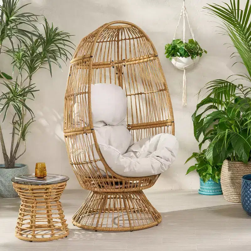 GDFStudio Fauteuil œuf pivotant d'extérieur en osier Reeve avec coussin