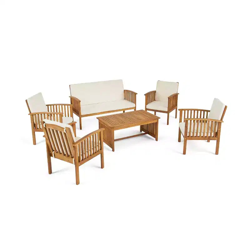 GDFStudio Ivan Ensemble de conversation extérieur 6 pièces en bois d'acacia avec table basse à lattes et coussins